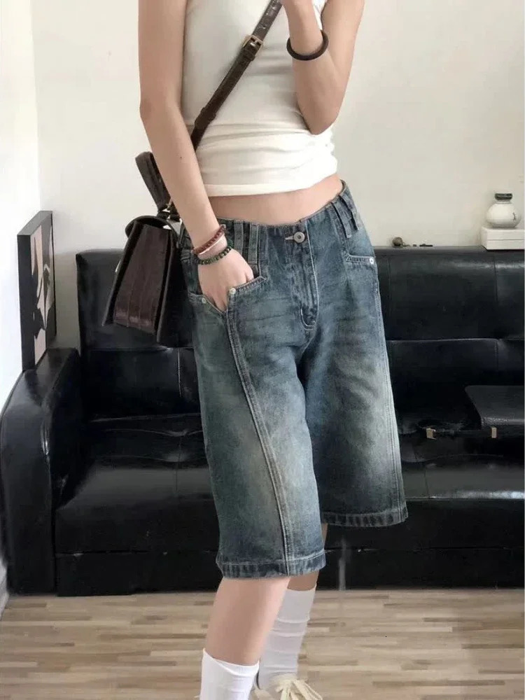 HOUZHOU Y2K Vintage Women Denim Shorts Baggy High Waist Korean Wide Leg Jorts Casual Oversize Washed Jeans Streetwear Summer 250604