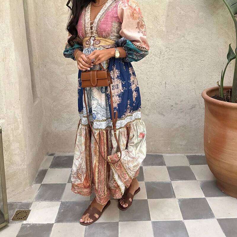 Fashion Printed Patchwork Loose Dresses Spring Women Retro Puff Sleeve Long New Summer High Waist V Neck Knee Length Dress