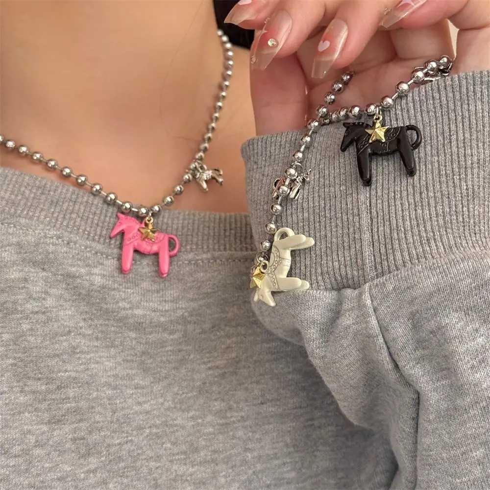 Funny Silver Plated Horse Pendant Necklace Alloy Black Choker Necklace White Hot Pink Enamel Pendant Necklace Beads Neck Chain XJ250604