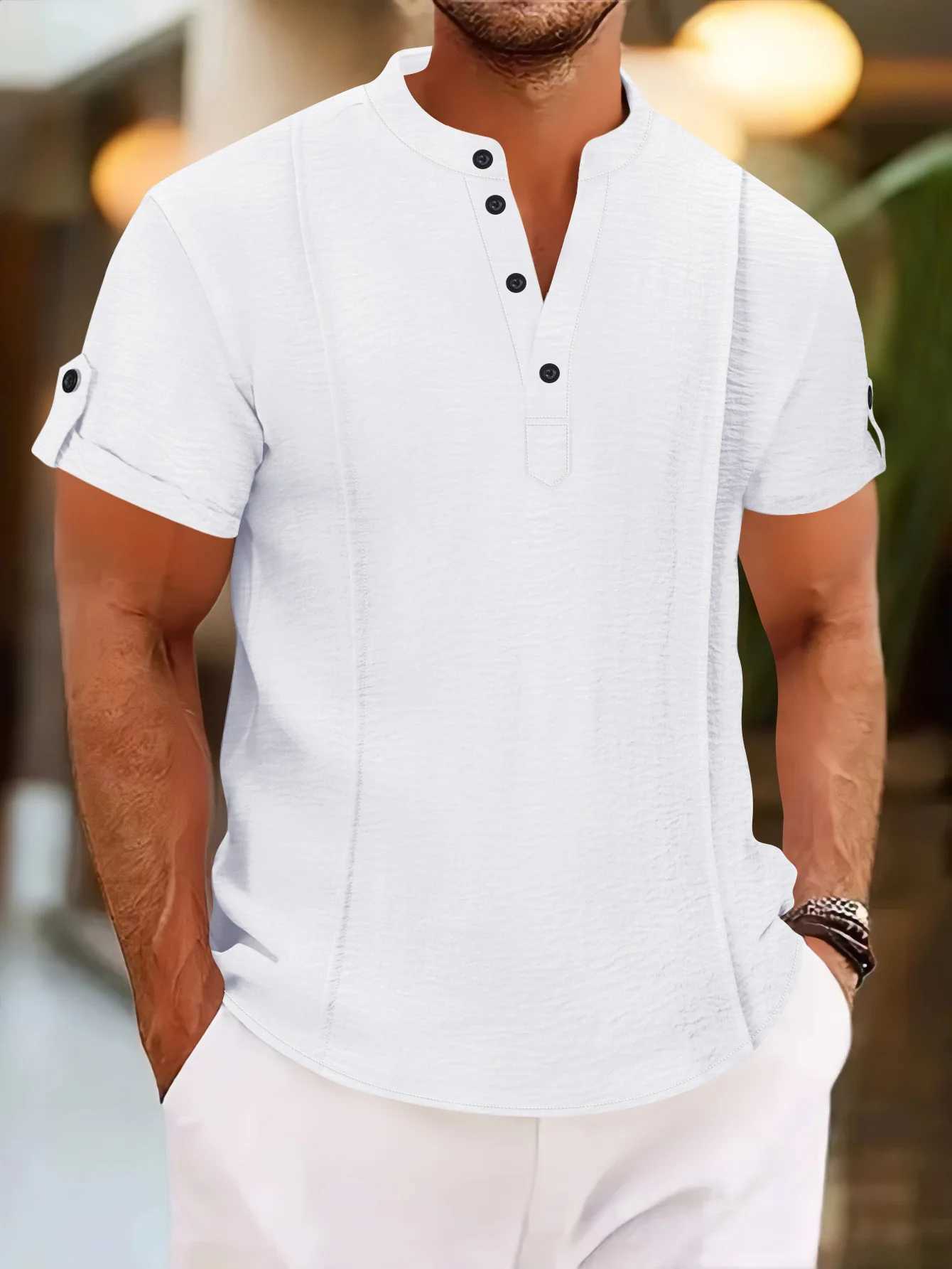 Mens Summer New Style Standing Collar Short-Sleeved Polo Shirts Double Button Front Casual Outdoor Beach Wind Solid Color Tops XJ250605