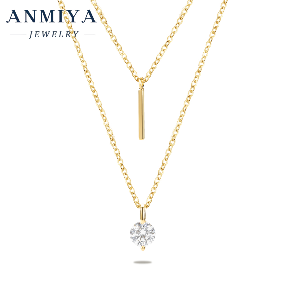 Minimalist Silver Jewelry Double Layered Necklace, Geometric Pendant with Zircon Accented , 925 Delicate Necklace for Daily