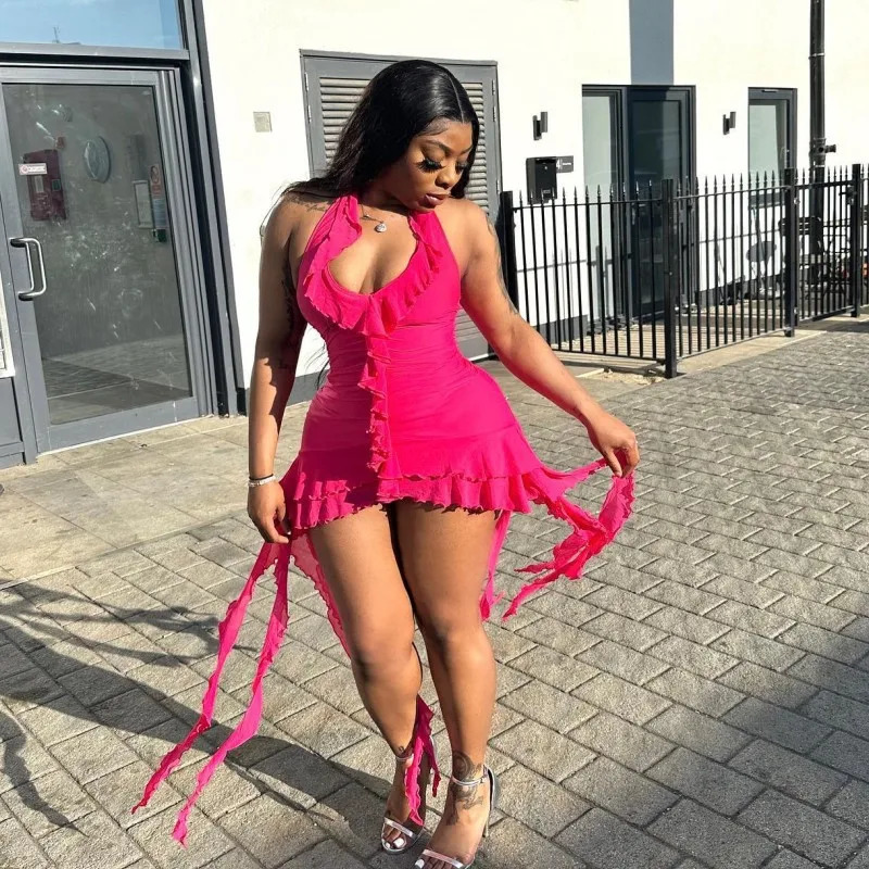 Summer solid color sleeveless low neck black fungus edge irregular hip hugging short dress 250604