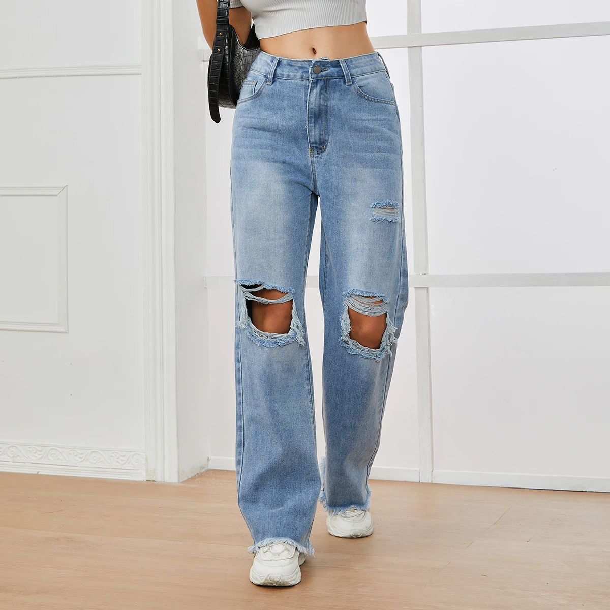 Ripped Jeans for Women Fashion Hole High Waisted Vintage Streetwear Loose Y2k Pants Full Length Jeans 250604