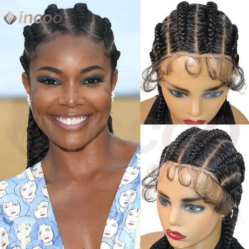 Wear and Go Glueless Synthetic Full Lace Braided Wigs Jumbo Box Braids For Black Women African Faux Locs Braiding Wig