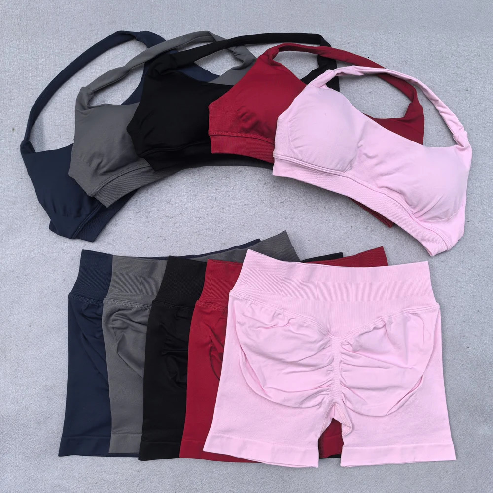 Gym Set Women Workout Clothes Scrunch Shorts Set Halter Sports Bra Fitness Top Woman Sportswear Yoga Set Outfits 250605