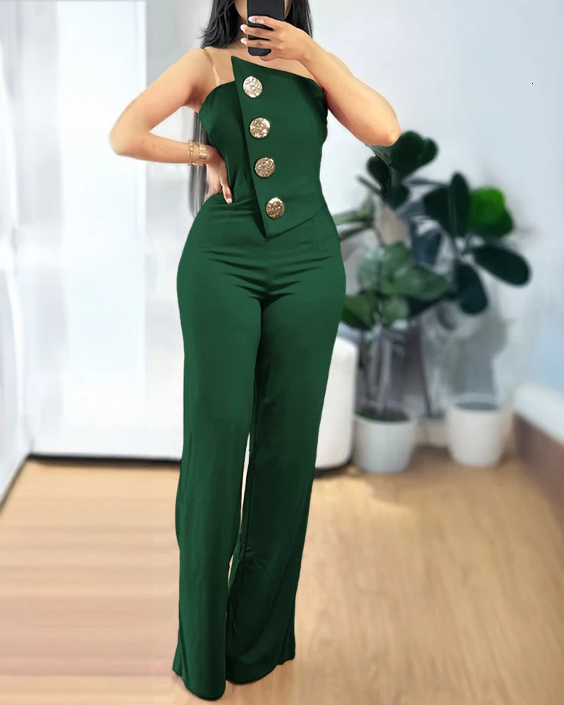 2024 Asymmetrical Bandeau Strapless Jumpsuit Metal Button Decor Casual Overalls 250521
