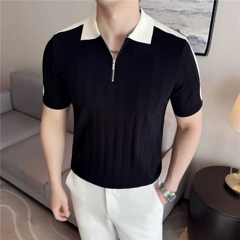 Men Knitted Polo Shirt British Style Summer Light Thin Short Sleeved Daily Wear Top Casual Striped Lapel T Shirt Men Clothing XJ250605