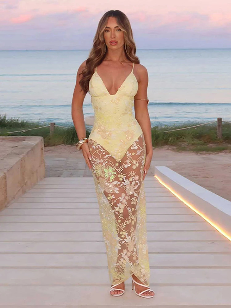 Holiday Sequin Lace See Through Long Dress Women Patchwork Sleeveless V-neck Lace Up Backless Party Dresses 2025 Yellow Robe 250604