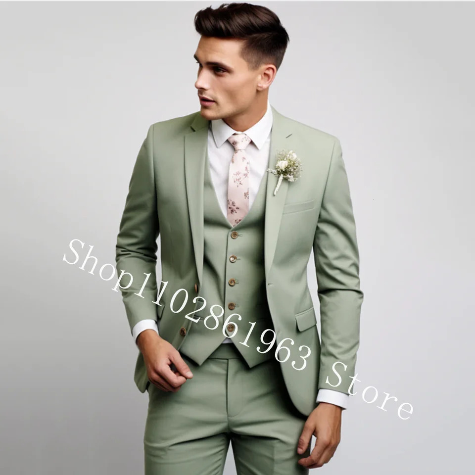 3 Pieces Male Suits Green Elegant Wedding Suits For Men Formal Men Blazer Slim Fit Groom Tuxedos Jacket Costume Homme 250530