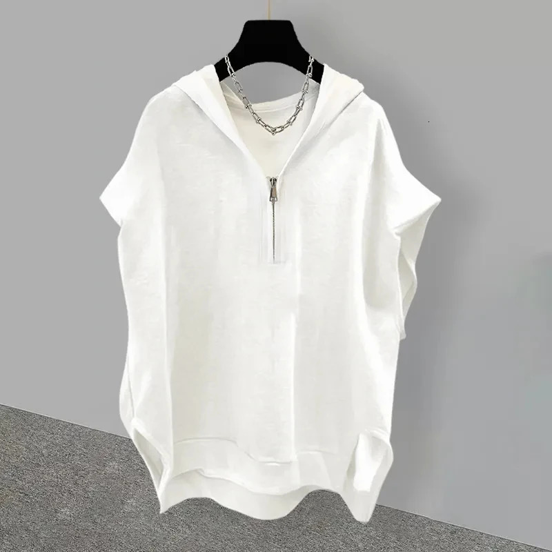 Sleeveless Zippered Half Open Collar Hooded Top Trendy Street Korean Version Womens Loose Versatile SpringSummer hoodies 250604