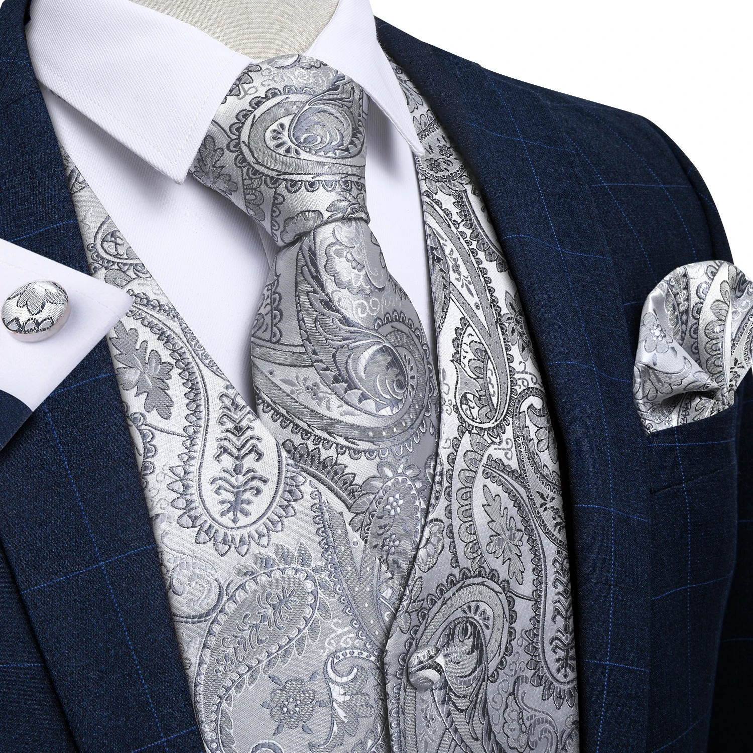 Suit Vest Neck Tie Set Silver Color Black Red Paisley Mens Wedding Prom Silk Polyester Waistcoat Elegant Sleeveless Jacket 250605Z