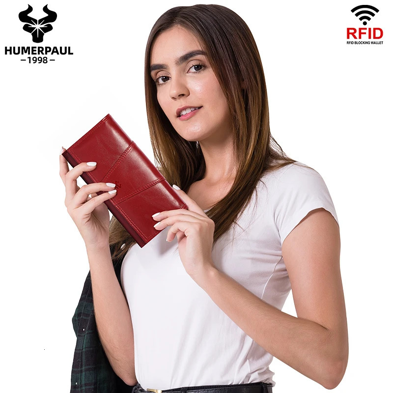 HUMERPAUL Womens Wallet Top Layer Leather Multicard Clutch Cell Phone Money Bag Fashion Ladies Card Holder Cartera Mujer Red 250605
