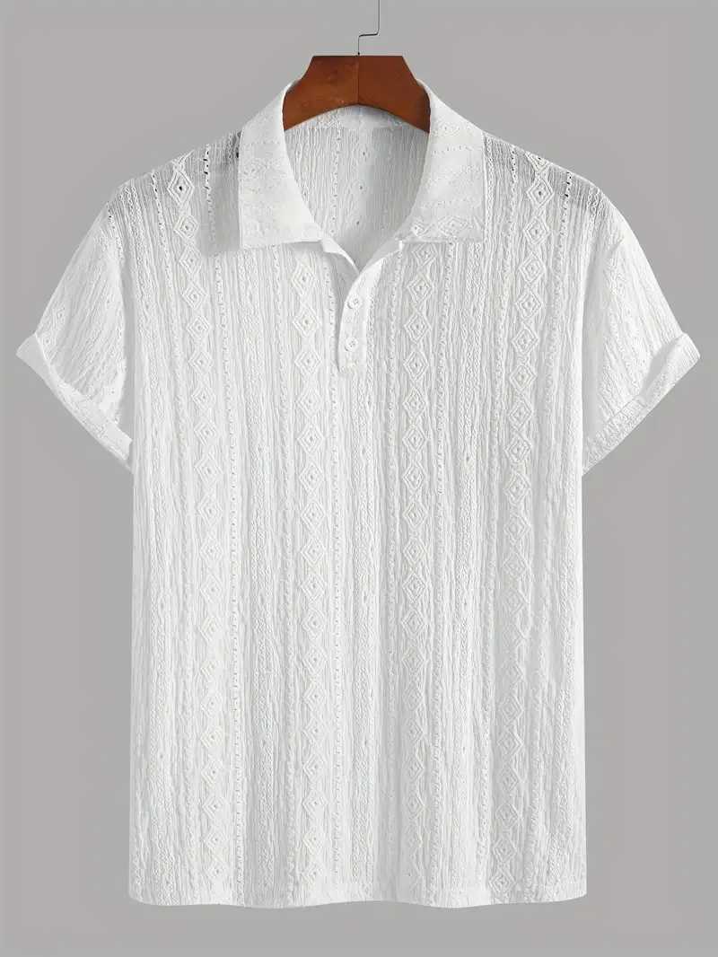 New Polo Shirts For Men Streetwear Solid Color Jacquard Textured Half Buttoned Short Sleeves T-shirt Mens Basic Tops XJ250605