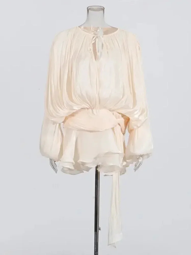 2025 Elegant Shiny Lace Up Womens Backless Ruffles Dress Chic Solid Lantern Sleeve A-line Mini Dresses Lady Street Vestidos 250604