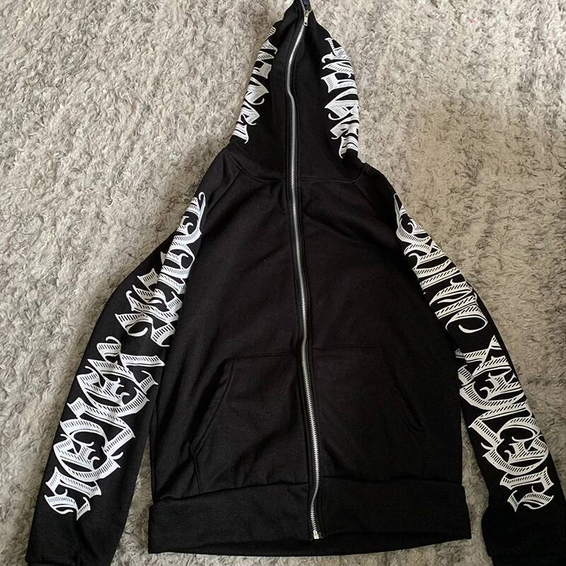 Y2k Fashion Hoodies Men Haruku Gothic Printed Oversized Full Zipper Sweatshirts Pants Hip Hop Hooded Jacket Coats Streetwear