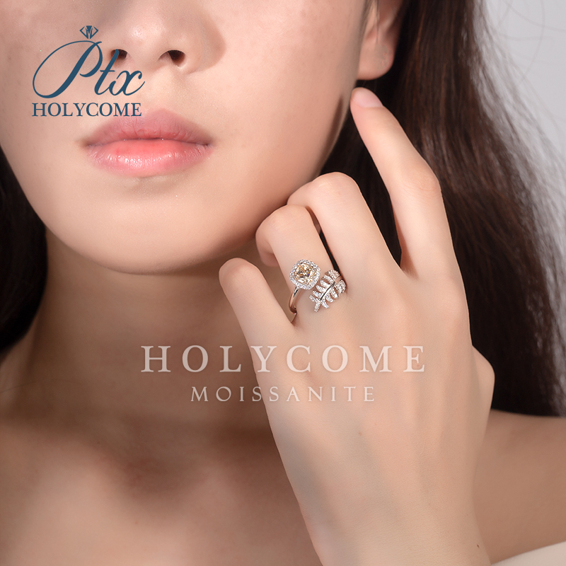 Custom 1CT Champagne Moissanite Finger Rings Jewelry Party Anniversary Feather Shape Gemstone Cushion Diamond 925 Silver Cluster Ring for Women