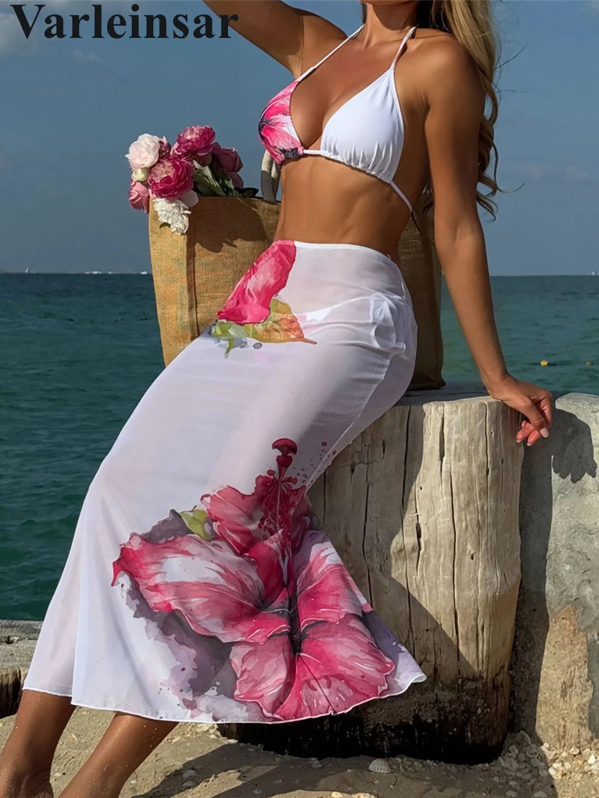 Flowers Printed With Skirt Halter Bikini Female Swimsuit Women Swimwear Threepiece set Bather Bathing Suit Swim V6637B 250604