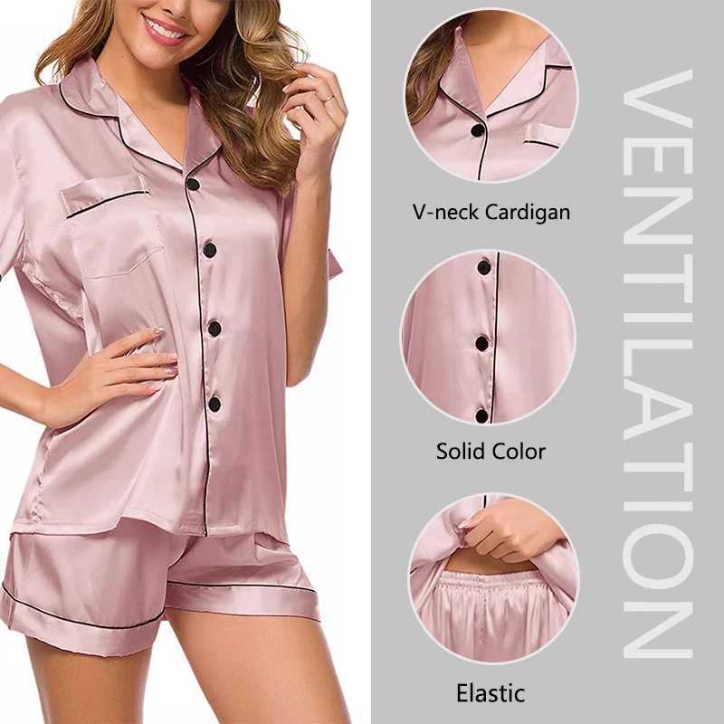 Womens Pajamas Set Satin Sleepwear Button down Tops and Shorts Solid 2 Piece Suit Pyjama Ladies Nightwear Loungewear for SummerC250605