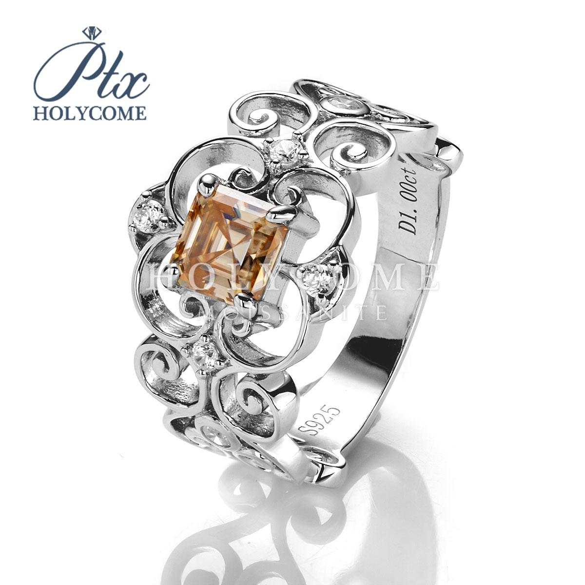 Wholesale New European 925 Sterling Silver Rings Genuine Engraved Fit for Women 1CT Champagne Moissanite Engagement Ring for Party