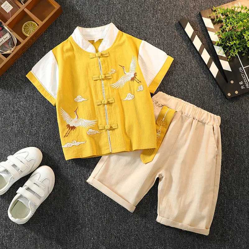 Chinese Style 10-12 Years Casual Kids Outfits Clothes Sets Toddler Baby Boys Short Sleeve T-Shirt Tops+Shorts R250605