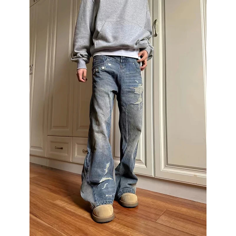 Jeans Women Denim Ripped Streetwear Wide Leg Pants Floor Length Splice Loose Casual Pockets High Waist Straight Trousers 250604