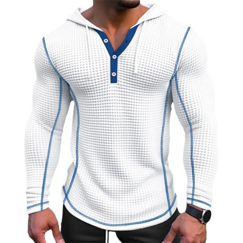 Breathable Waffle Fabric Sweatshirt Stylish Mens Waffle Cotton Hoodie Slim Fit Button Closing Breathable Long for Fashionable 250605