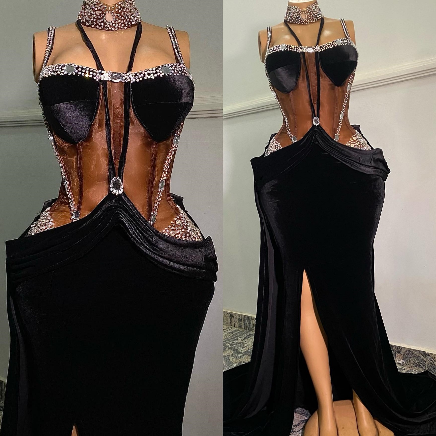 Mermaid Black Prom Dresses 2025 Beaded Crystals Velvet Halter Evening Formal Party Second Birthday Engagement Gowns Plus Size Dress For Special Occasi