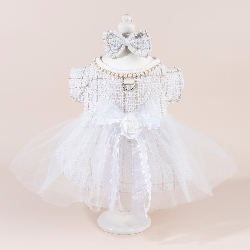Tweed Dog Dresses with Leash Ring, Pearls Dog Wedding Dress, Bow Flower Puppy Clothes for Small Pet Girl Multi-Layer Lace Tutu Cat Outfit for Kitten C
