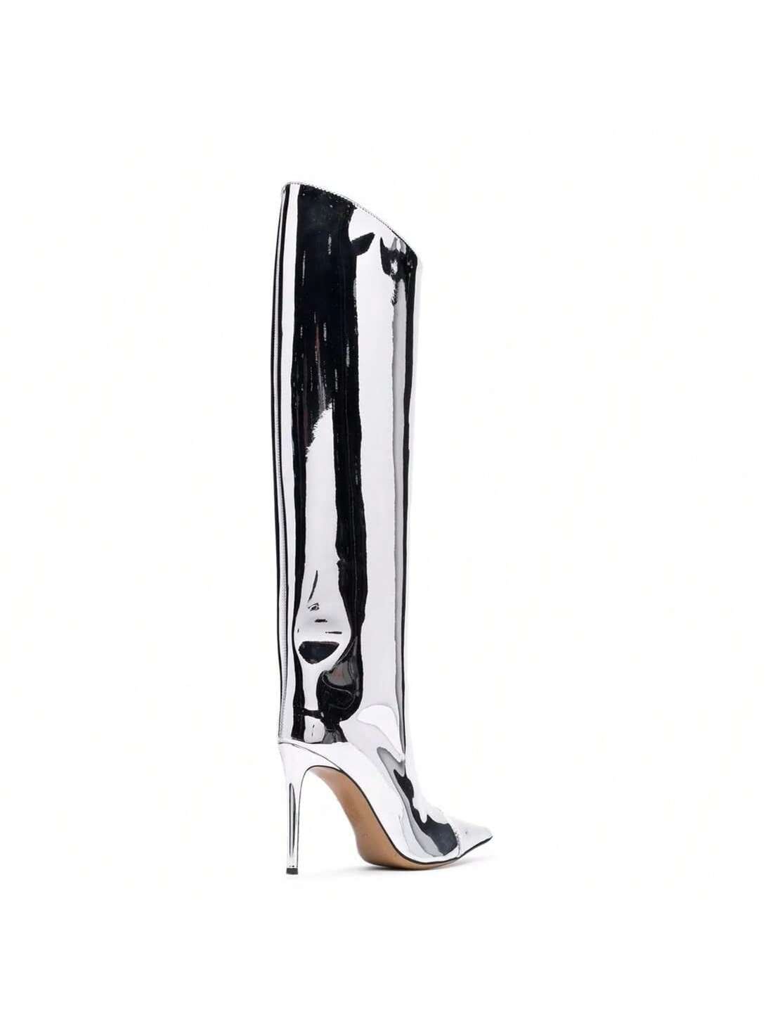 Arqa Metallic Boots for Women Pointed Toe High Stiletto Heel Knee High Boot Fashion Chrome Zipper Boot Dressy Party Shoes