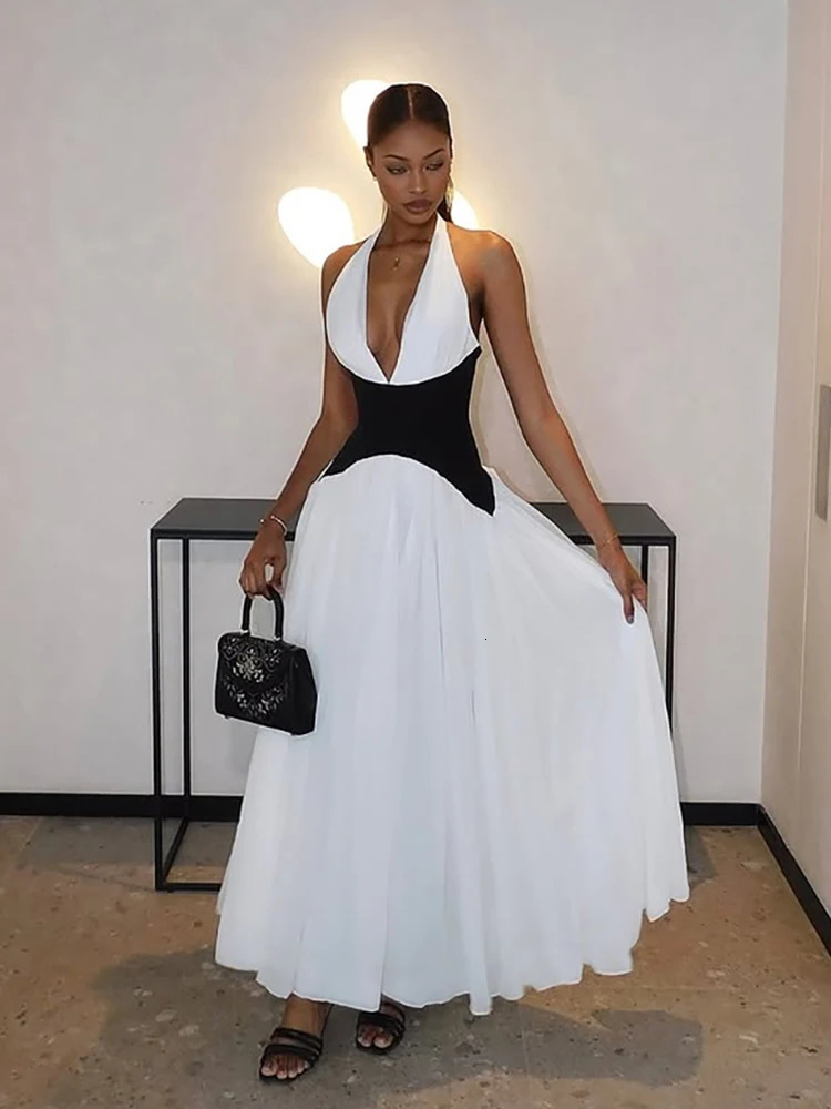 Sisterlinda Summer Release Junior Fashion High Street Long Dress K25D66724 Girl Solid Slim Halter Girdle Cleavage Backless Robe 250604