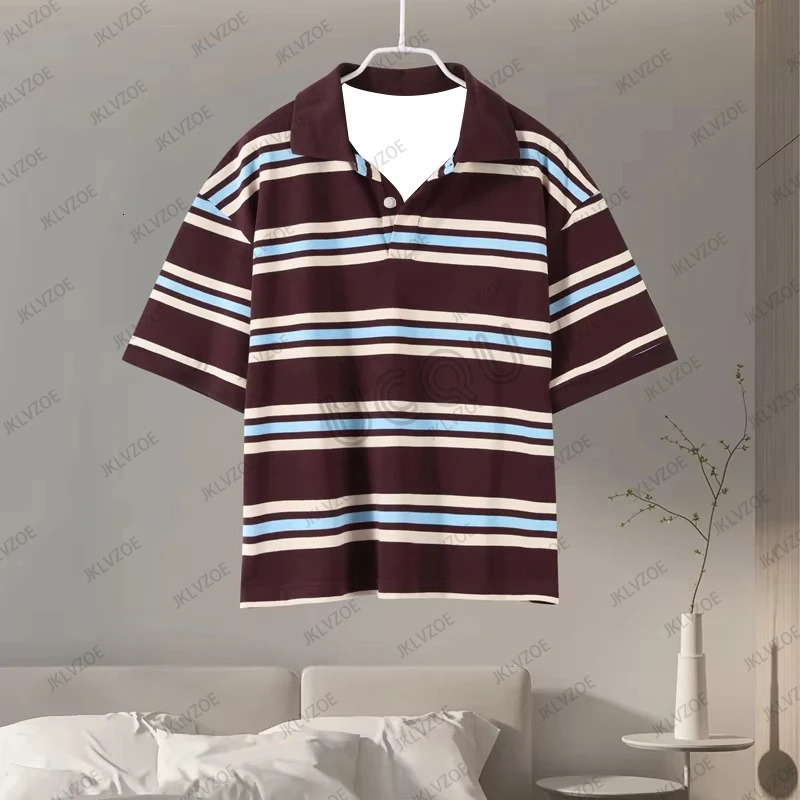 Summer Casual Striped Polo Shirt Vintage Short Sleeve Lapel Tops Fashion Oversized Loose Streetwear Y2K Tees 250604
