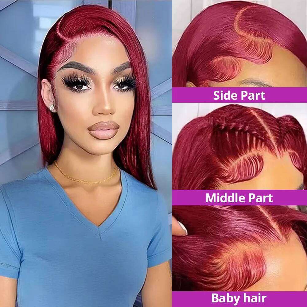 99J Bury Short Bob Human Hair 13x4 Lace Front Wig Brazilian Straight Red Color 7x5 Glueless Wigs Ready to Wear For Women