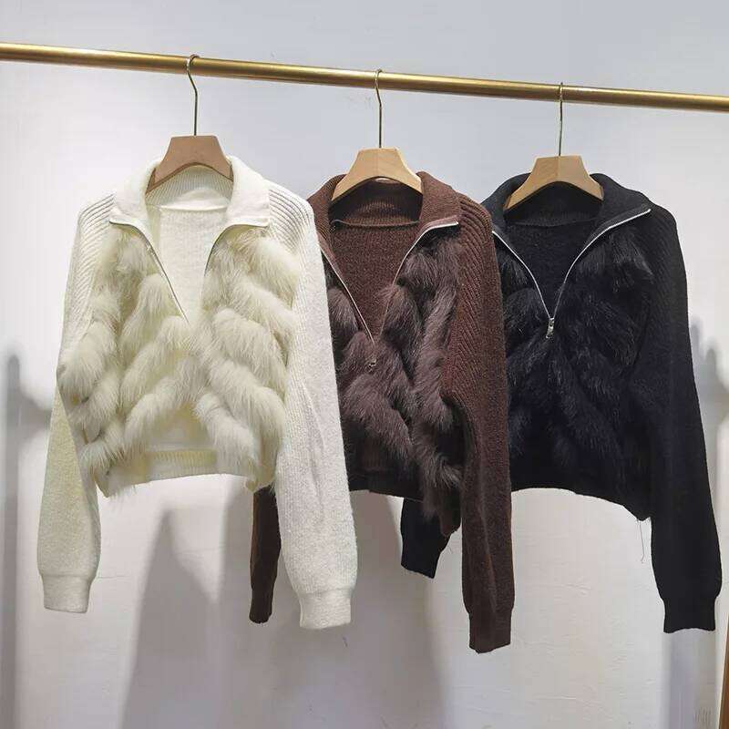 Women Short Knitted Real Fox Long Sleeve Genuine Fur Trimming Pullover Female Jumpers With Zipper