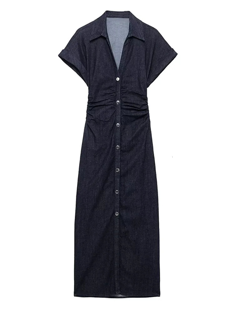 Elegant Pleated Women Denim Dress Turn-down Collar Single Breasted Slim Female Long Dresses 2025 Summer Fashion Lady Robe 250529