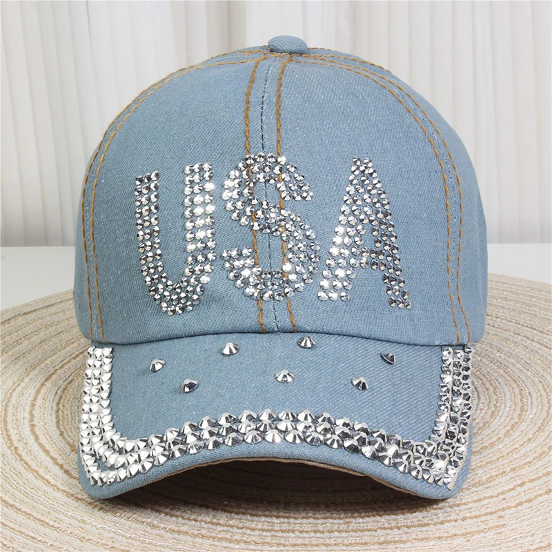 Women s Sparkling Rhinestone Embellished Adjustable Baseball Cap with Ponytail Opening for 4th of July Celebration 250603