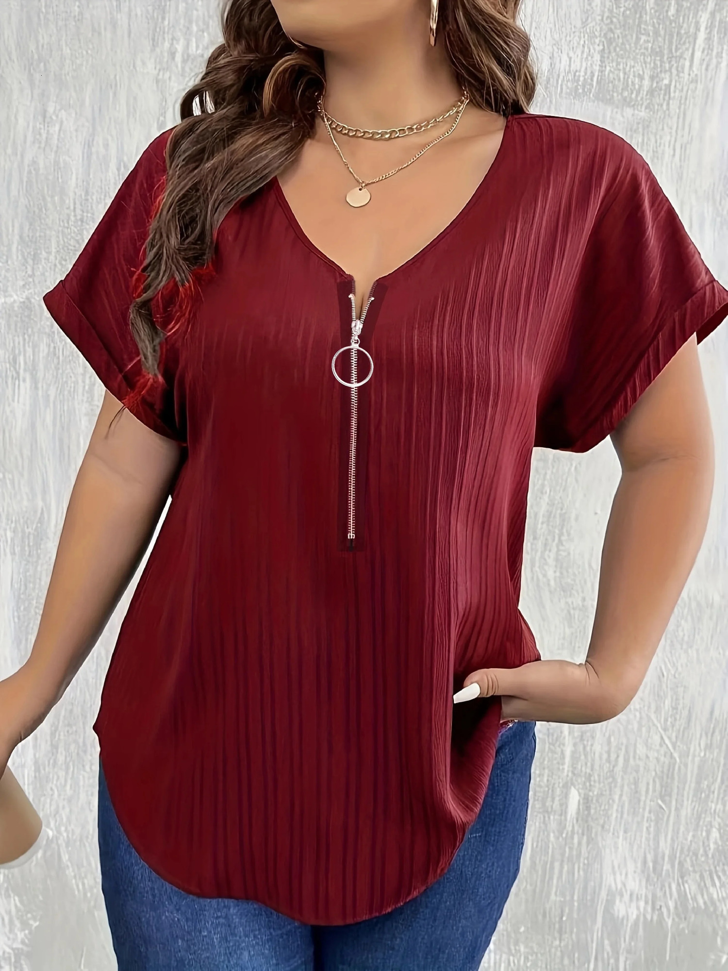 Plus Size 1XL5XL Women Vneck Casual Simple Solid Color Tshirt Tops Ladies Fashionable Short Sleeved Zippered Tshirt 250604