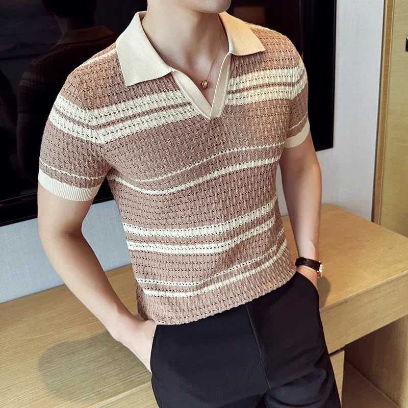 Men Knitted Polo Shirt 2024 Summer New Thin Striped Jacquard Patchwork Color Short Sleeved Casual V-neck T-shirt Men Clothing XJ250605