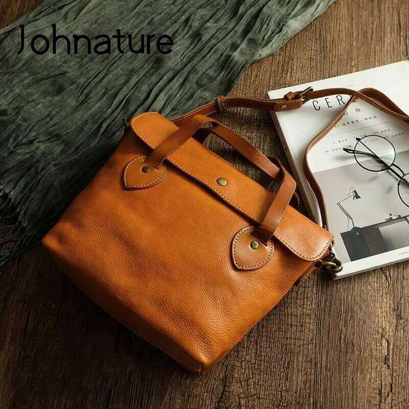 Johnature Simple Solid Color Genuine Leather Women Bag Vintage Versatile Handbag Natural Real Cowhide Leisure Shoulder Bags 2025/06/05