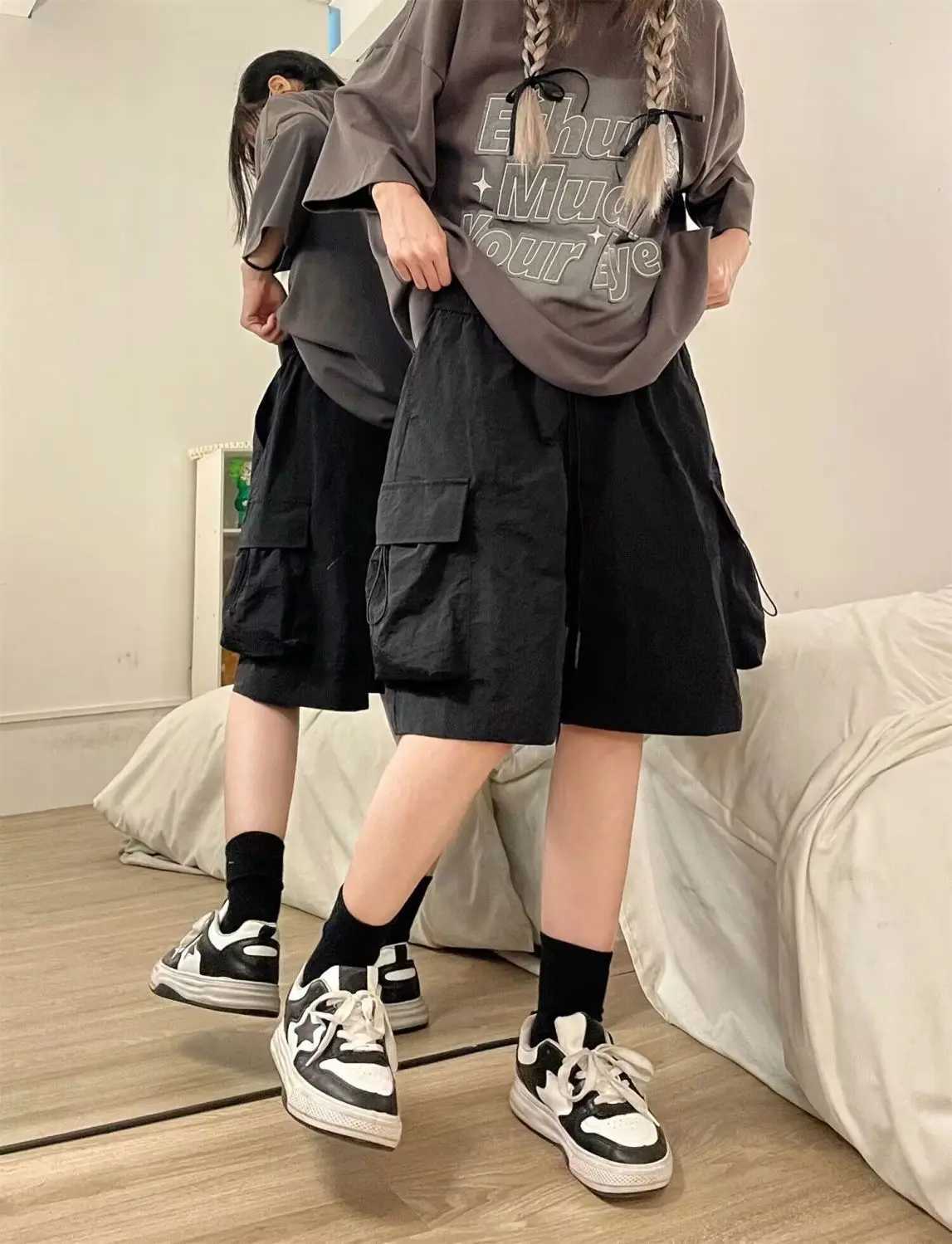 Mens Fashion New Elastic Waist Pocket Ice Silk Sports Casual Loose Five-part ShortsXJ250605