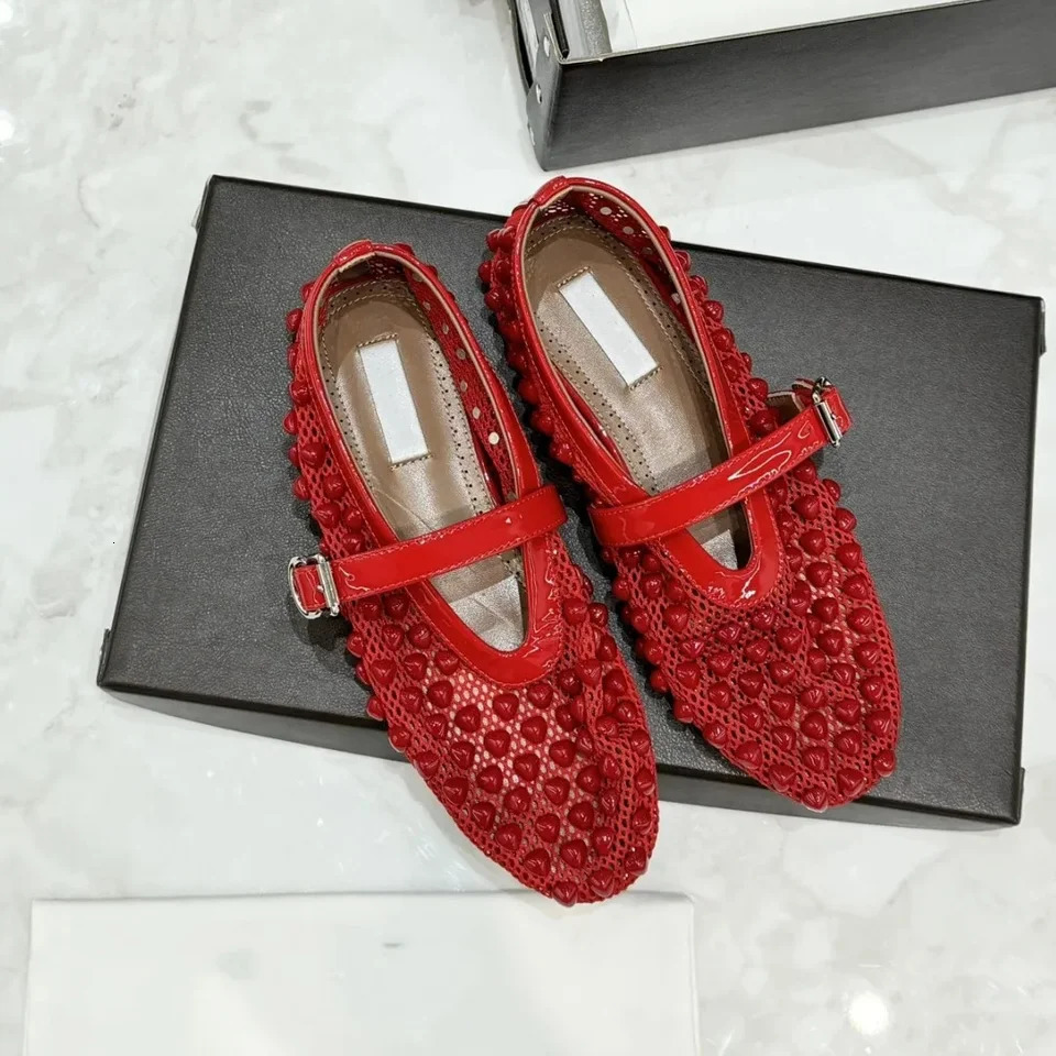 patent leather patchwork mesh heart-shaped flat bottom straight strap Mary Jane single shoe ballet shoes 250603