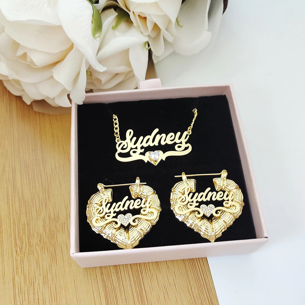 Custom Name Jewelry Sets Stainless Steel Heart Bamboo Earrings and Zircon Necklace with Letters Women Childrens Gifts 250530