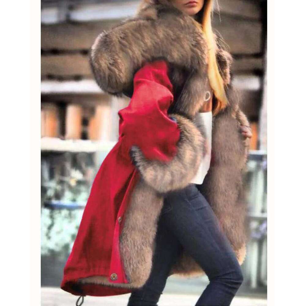 2024 EuropeanTemperament Commuting Imitation Crystal Fox Large Long Fur Collar Hooded Jacket Looks Slim and Elegant
