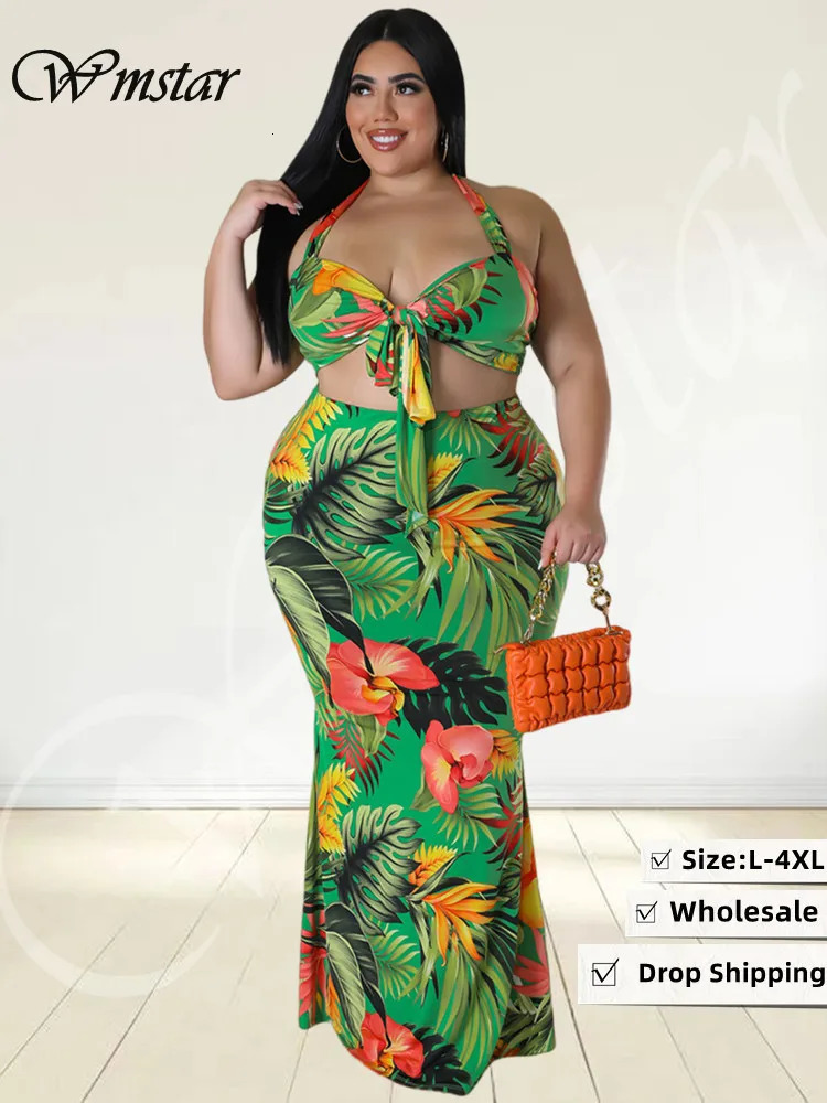 Wmstar Plus Size Dress Sets Clothing Two Piece Set Bra and Skirts Crop Top Summer Beach Outfits Wholesale Drop 250603