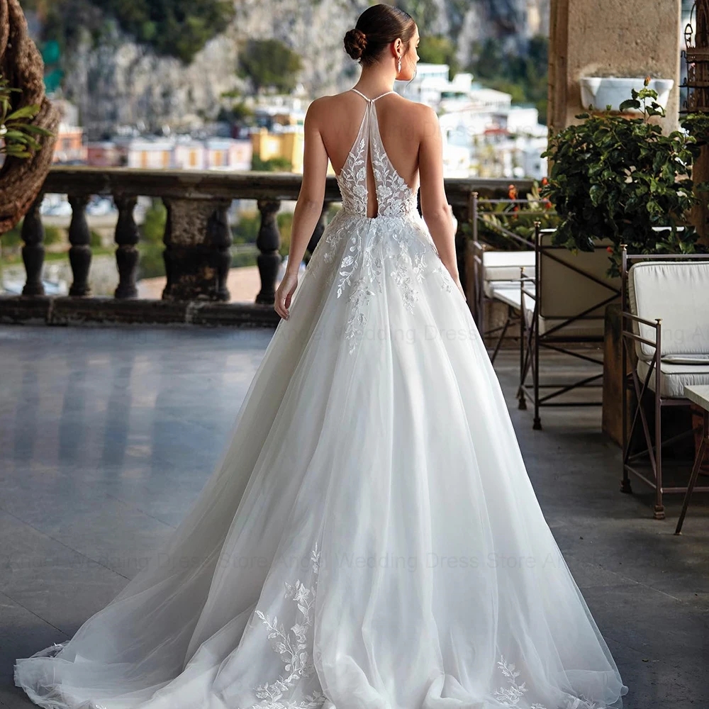 2025 Elegant A-Line Wedding Dress Sweetherat Backless Straps Beads Lace Appliques Women Tulle Bride Bridal Gowns Vestidos De Novia