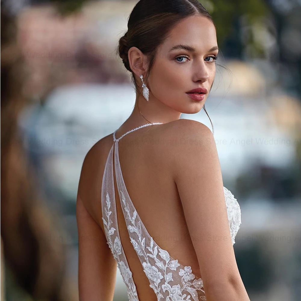 2025 Elegant A-Line Wedding Dress Sweetherat Backless Straps Beads Lace Appliques Women Tulle Bride Bridal Gowns Vestidos De Novia