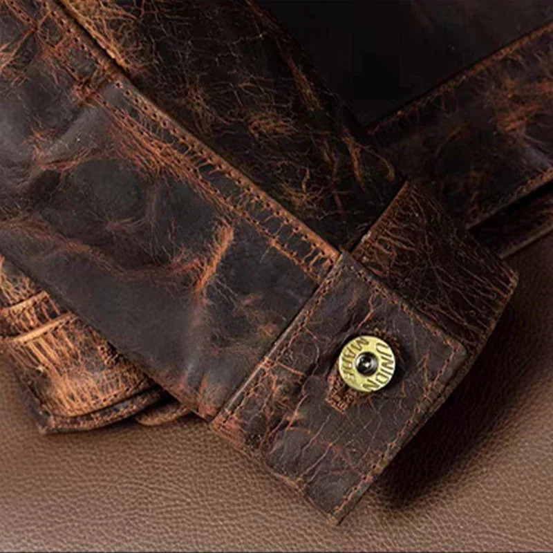 Style Heavy Oil Wax Top Layer Tea Core Horse Leather Short Section Slim Mens Genuine Leather Jacket Retro Coat 250530