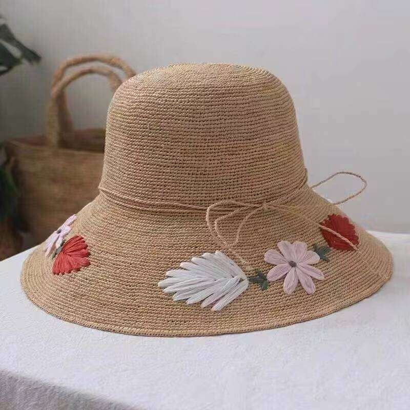 Custom Handmade Crochet Women Embroidery Flower Beach Sun Foldable Bucket Straw Hat