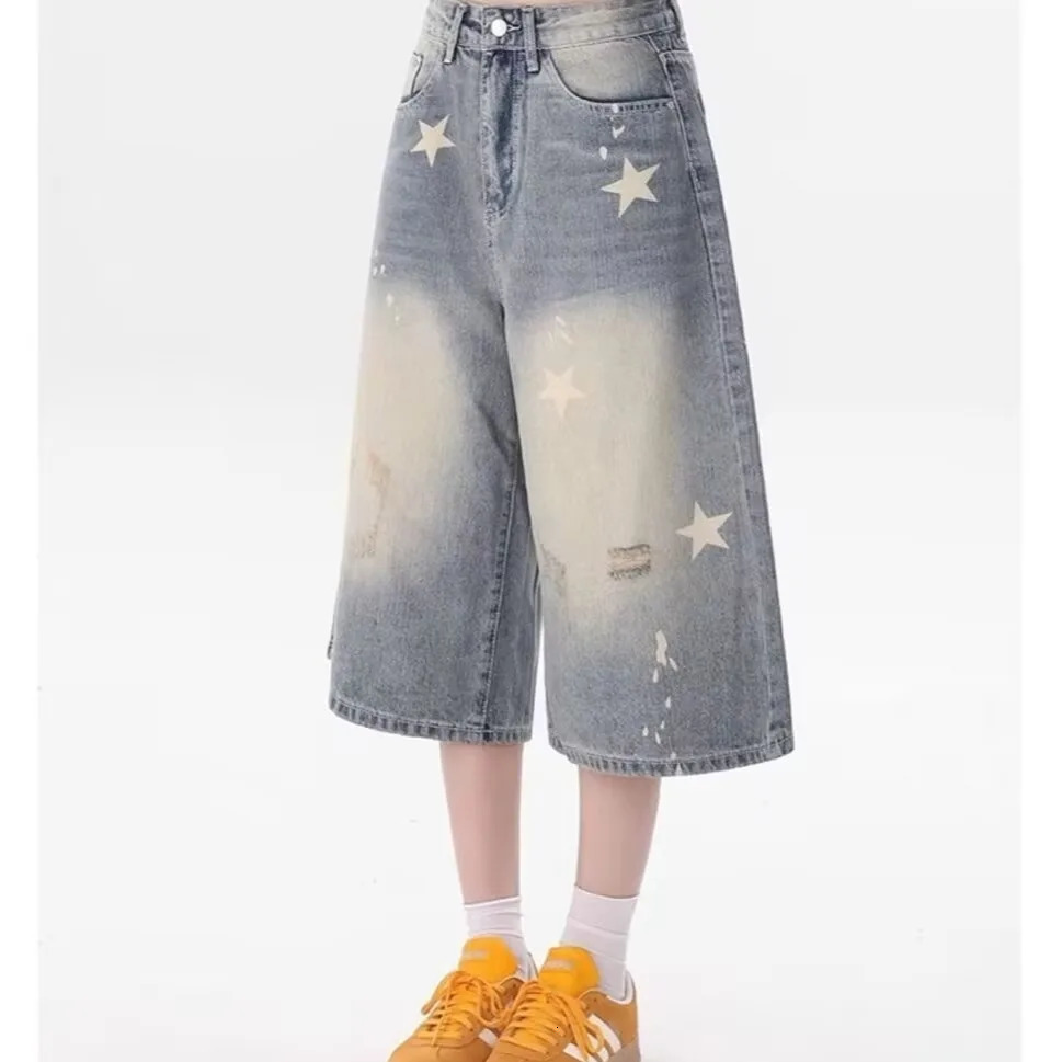 DM American Vintage Washed Star Denim Shorts Y2k High Waist Straight Wide Leg Jeans Loose KneeLength Pants 250604