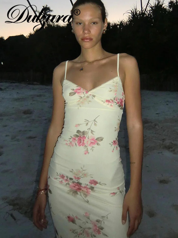 Dulzura Sexy Y2K Clothes Floral Print Sleeveless Backless Bodycon Maxi Dresses For Women Club Birthday Party Elegant Outfit 250604