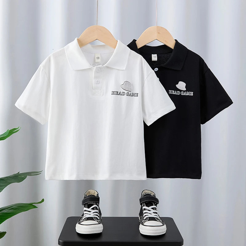 Kids Short Sleeve Polo Shirts White Black with Hat - themed Prints 250604